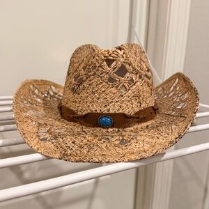 C.C. Boutique Tan Straw Hat with Brown Band and Turquoise Stone